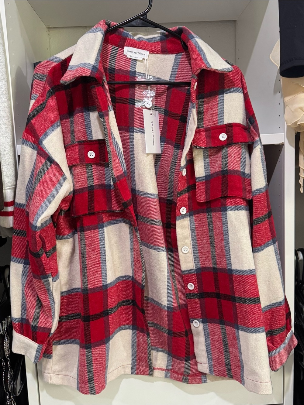 Lovers + Friends Red, Cream & Gray Plaid Button-Up